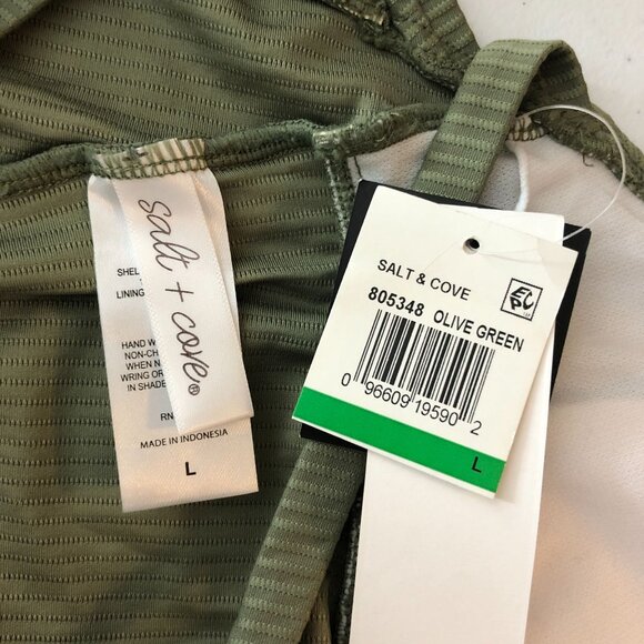 Salt + Cove Olive Green Halter Tankini Swim Top Ribbed Cinch Sides L - Picture 5 of 6